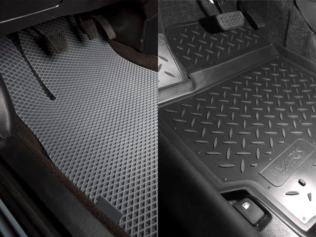 Side-by-side comparison of an EVA mat and a traditional rubber floor liner